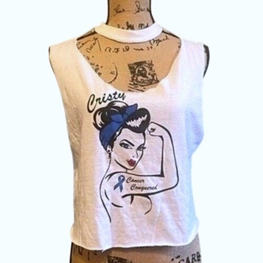 Handmade Upcycled Cancer Awareness Graphic Pinup Shredded Crop Top White M‎